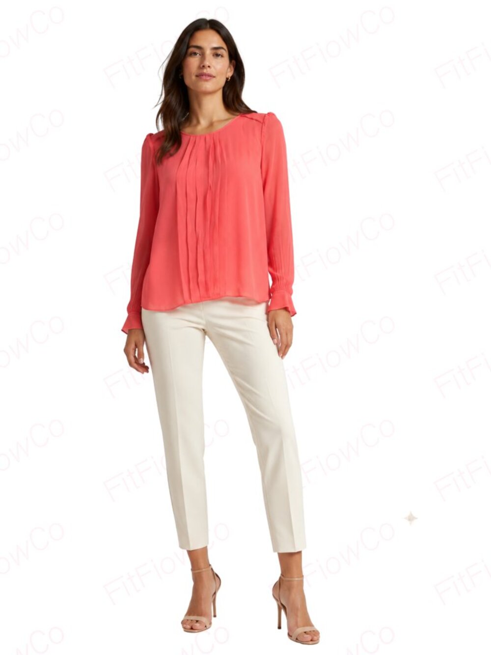J.Crew Coral 100% Silk Crepe Pleated Sheer Long Sleeve Blouse Size 6